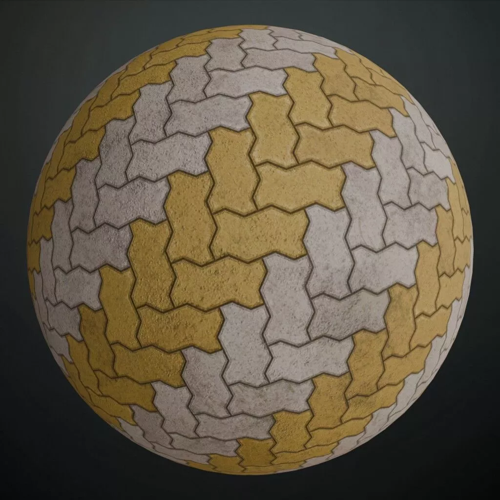 Realistic Herringbone Zigzag Unipaver Blocks Yellow PBR Seamless Texture
