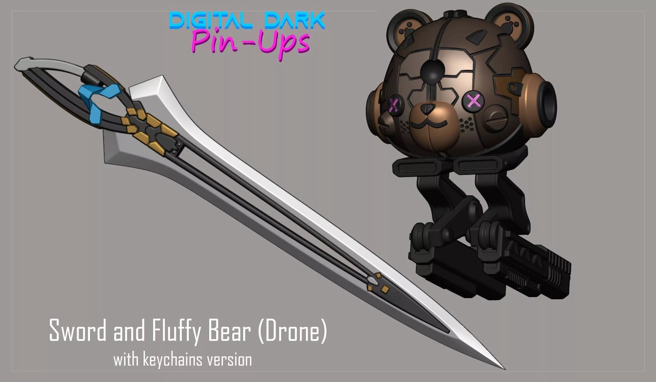 Sword and Fluffy Bear Drone with keychain version 3D print model