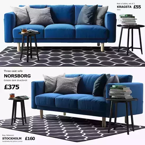 NORSBORG Three-seat sofa with coffee tables and rug Ikea