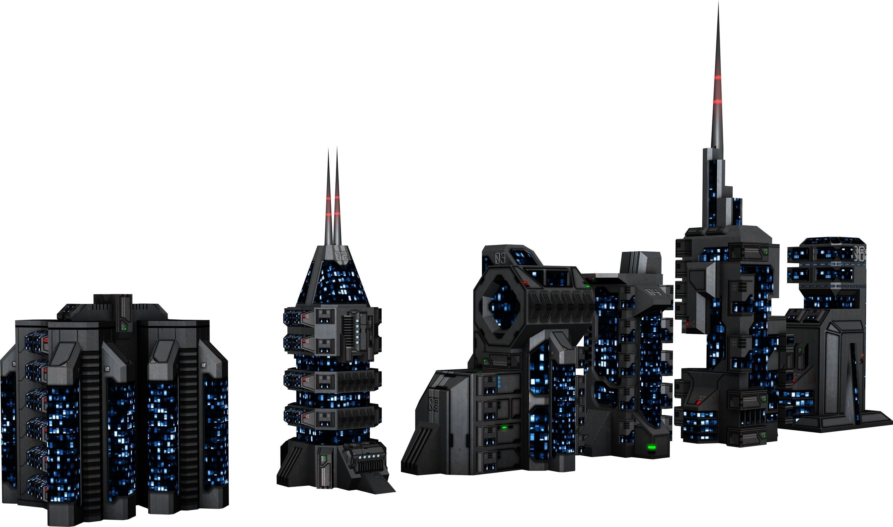 SciFi Building set Low-poly 3D model_1