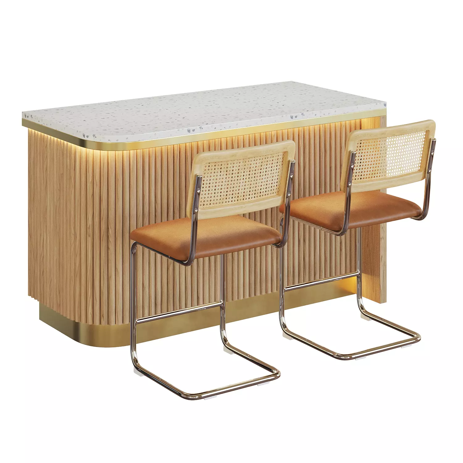 Modern Fluted Kitchen Island Cane Bar Stools Set 3D model