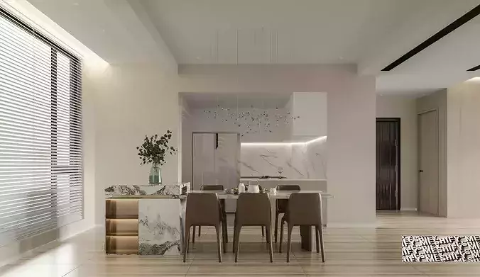 Open Space Living Room Kitchen Dining 3D model 7