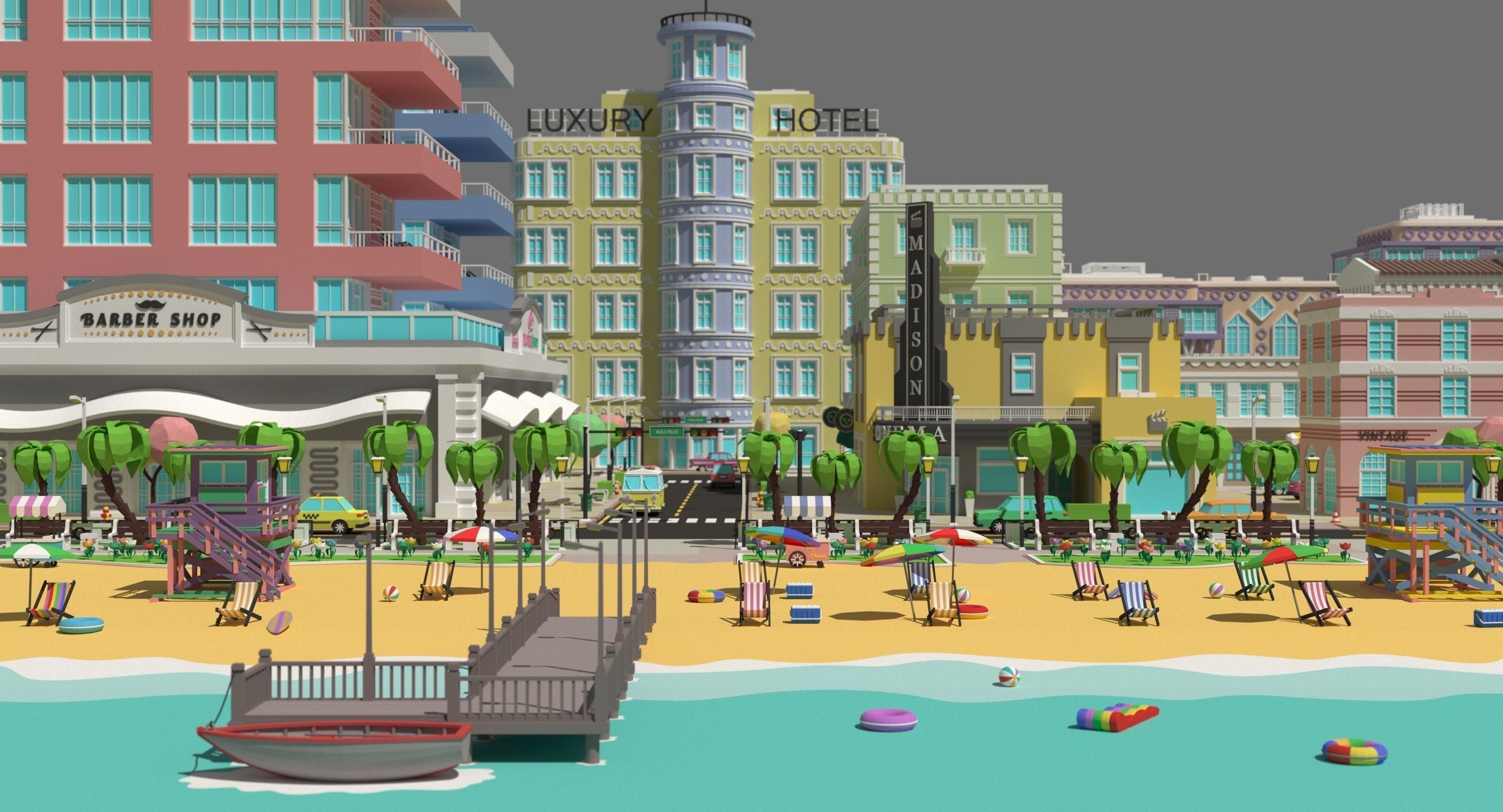 Low poly city near the beach Low-poly 3D model_4