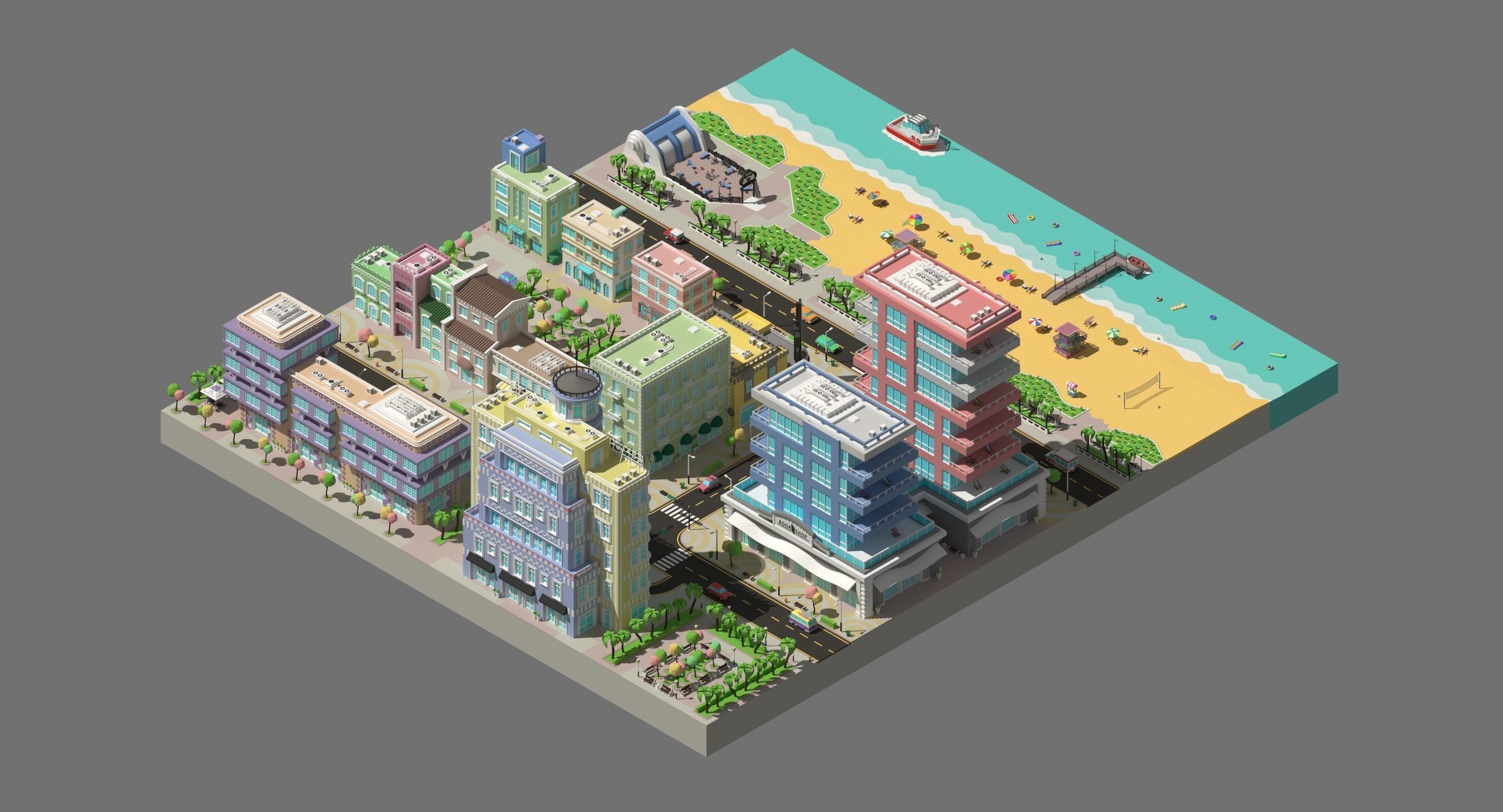 Low poly city near the beach Low-poly 3D model_2