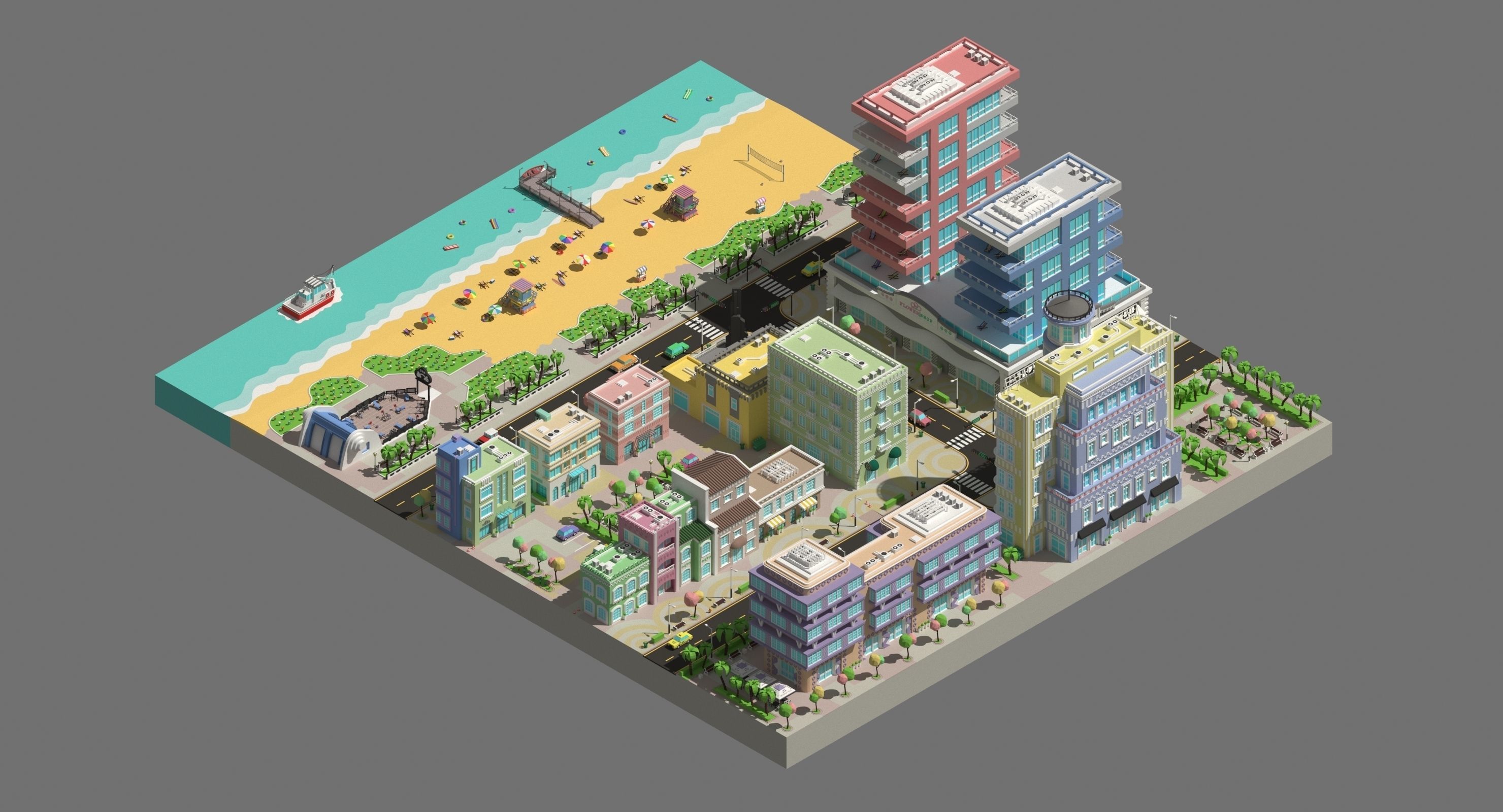 Low poly city near the beach Low-poly 3D model_3