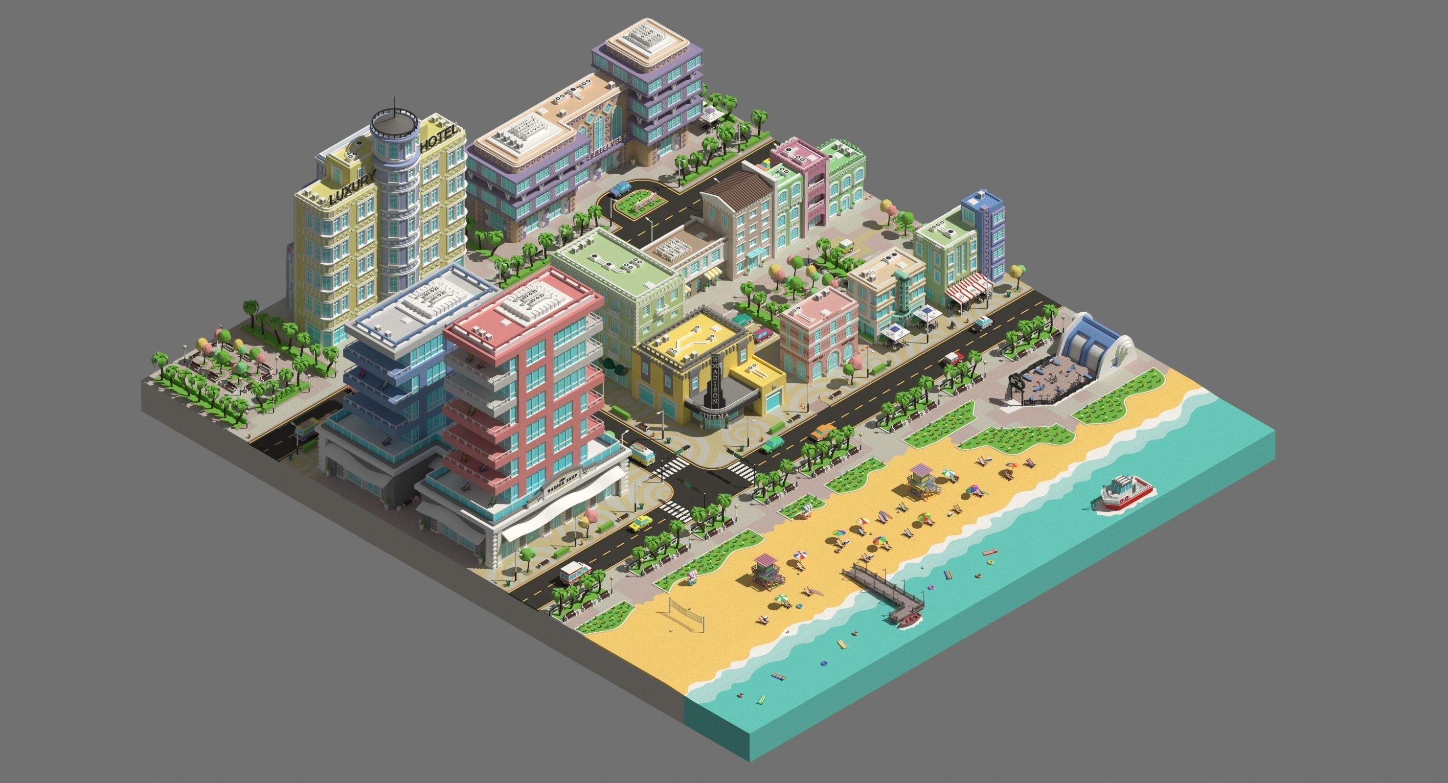 Low poly city near the beach Low-poly 3D model_1