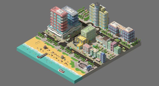 Low poly city near the beach Low-poly 3D model