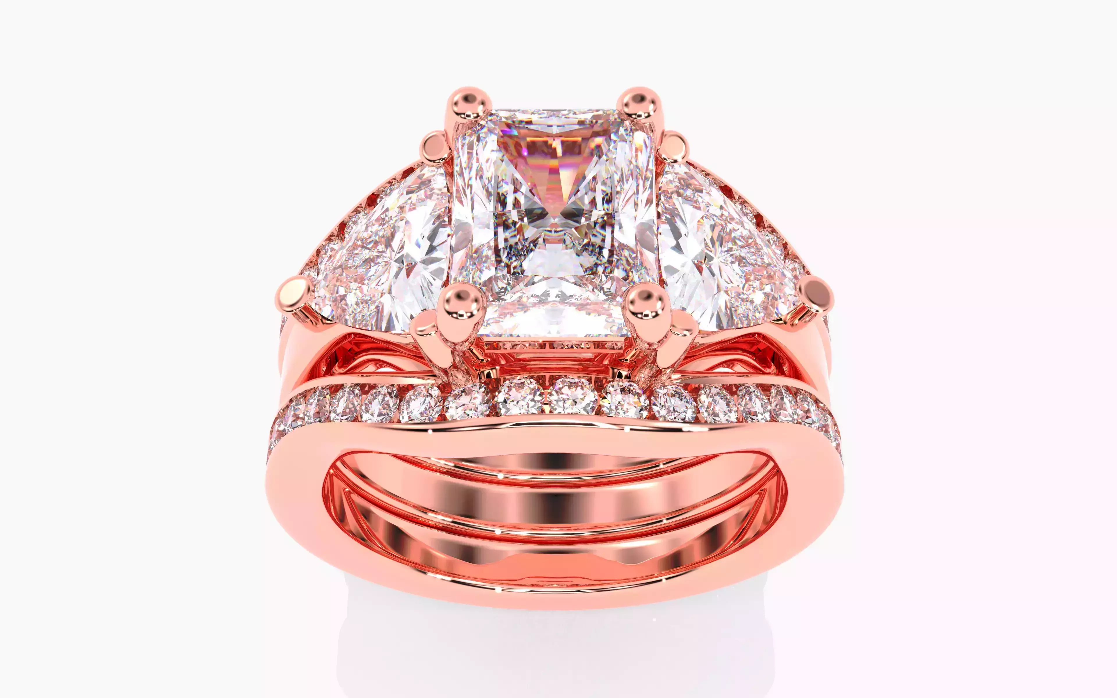 Trillion Radiant Trio Solitaire Ring with Band renders 3dm stl 3D print model