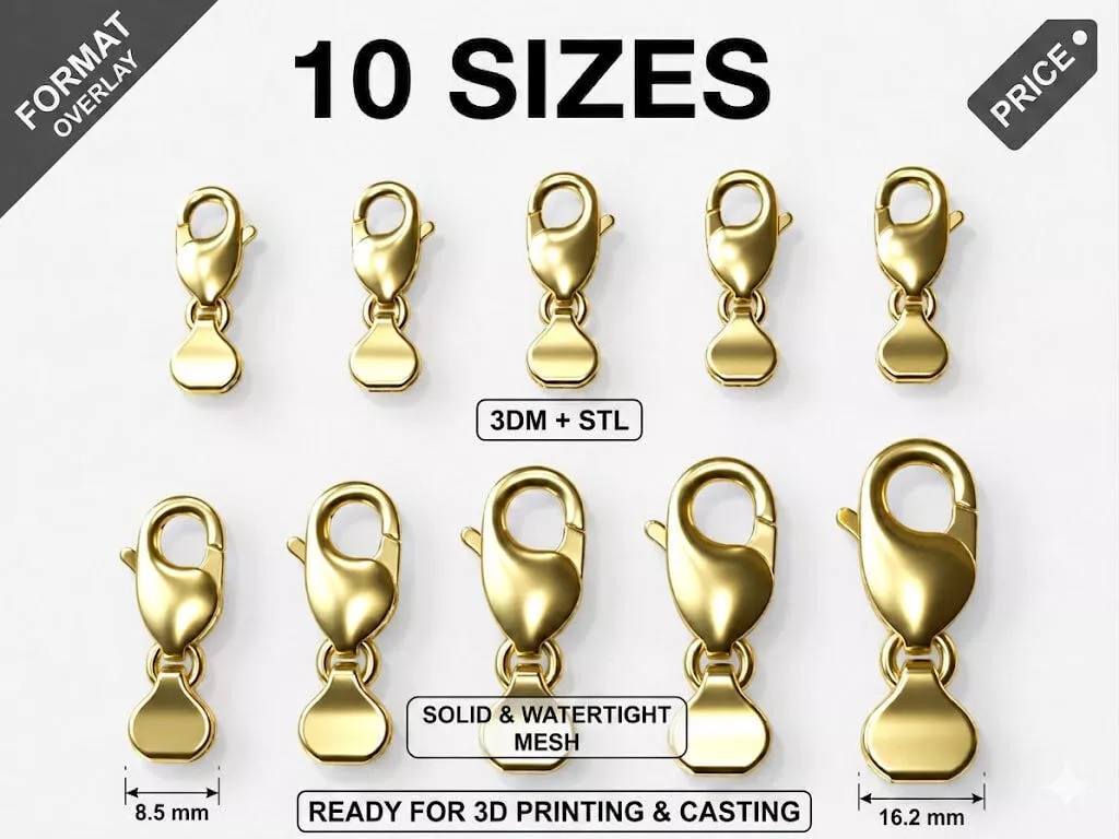 Professional Lobster Clasp Set 10 Sizes Rhino 5 STL 3D print model