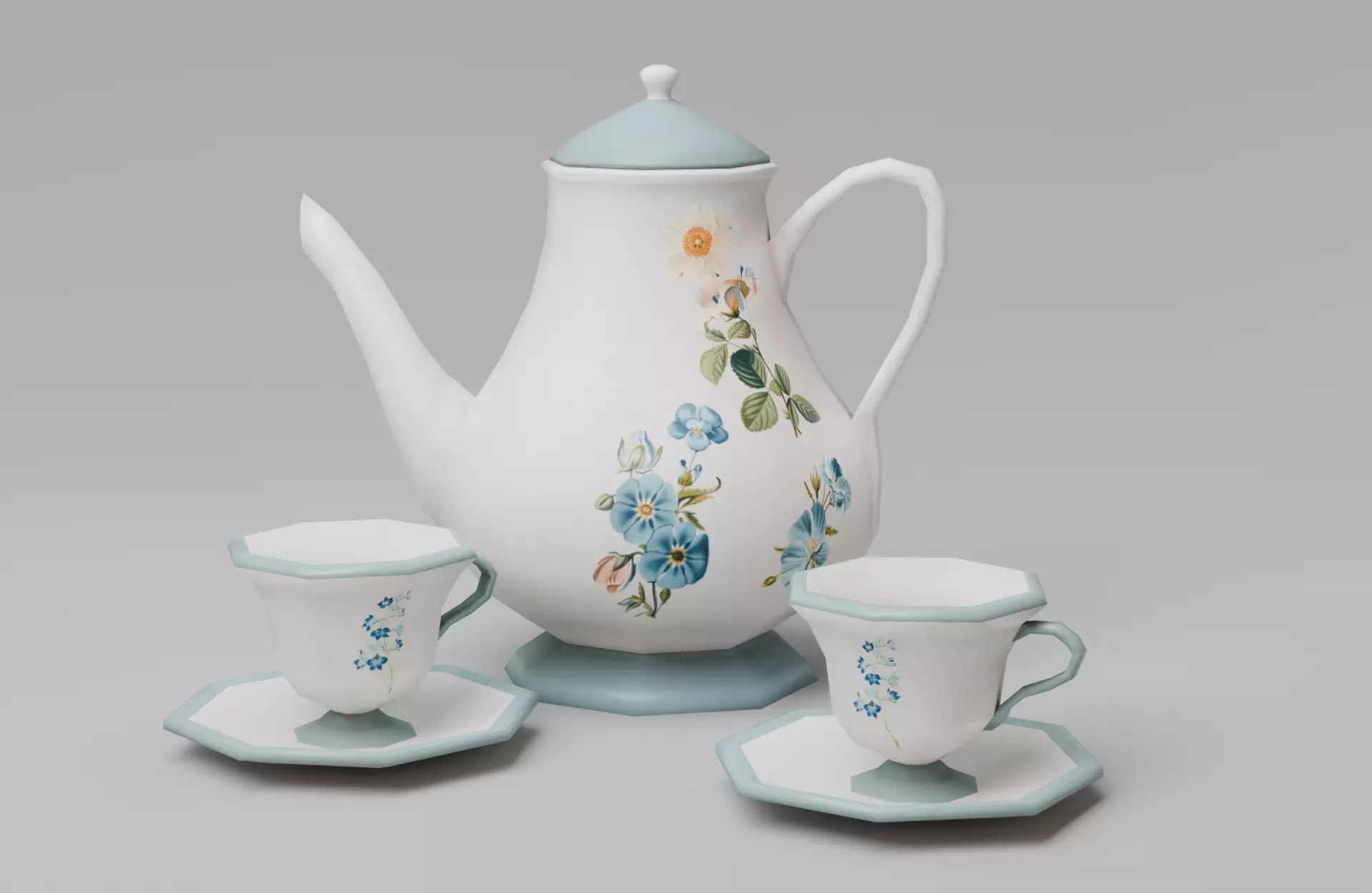 Game-ready vintage style teapot with cups Low-poly 3D model