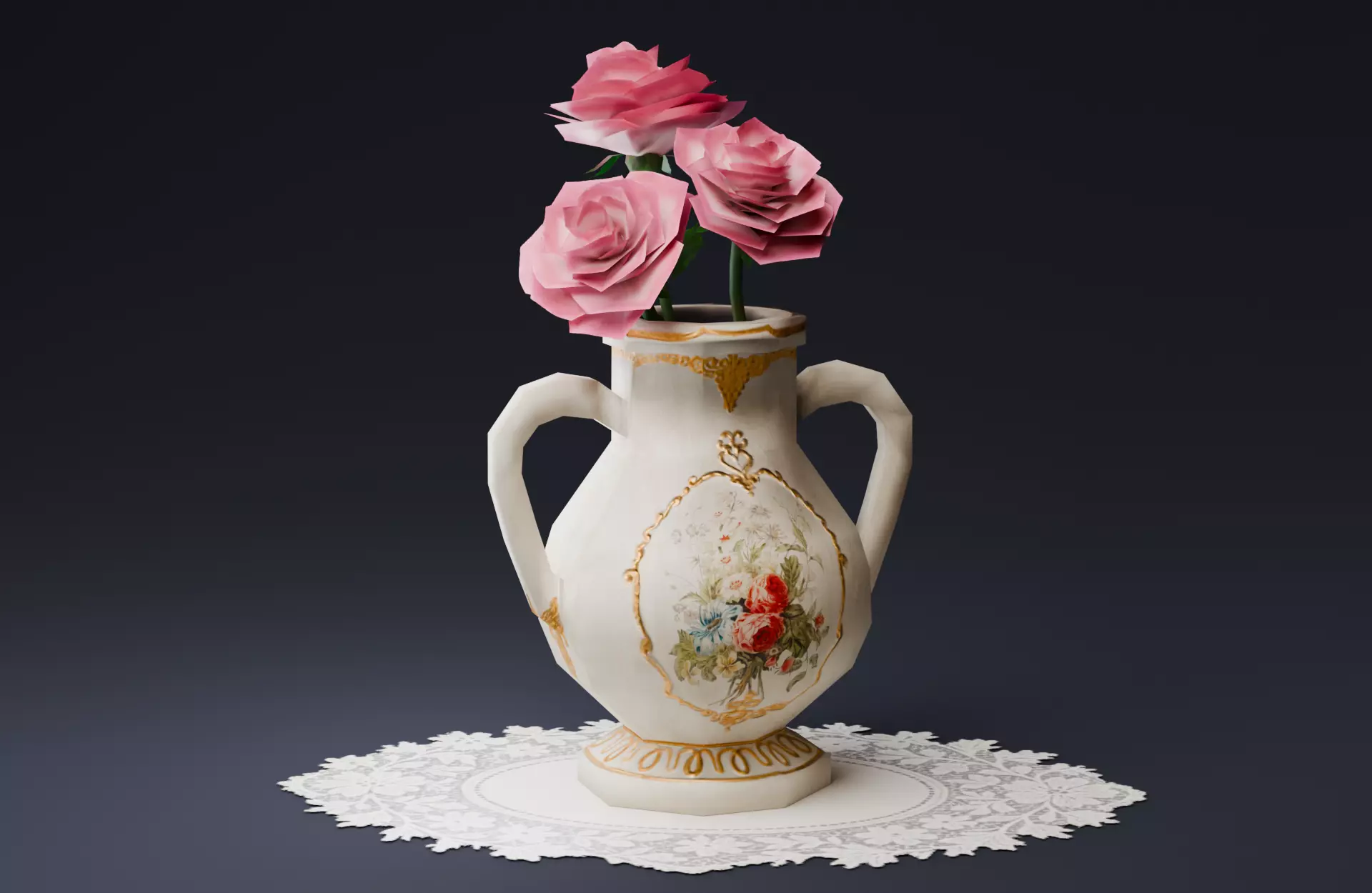 LowPoly Classic Romantic Antique Vase with Roses Low-poly 3D model