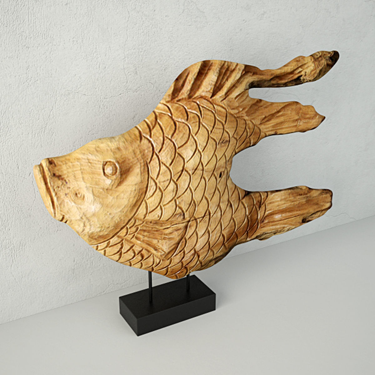Carved Wood Fish Sculpture on Stand 3D model_1