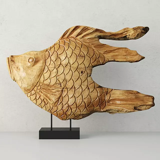 Carved Wood Fish Sculpture on Stand 3D model_0