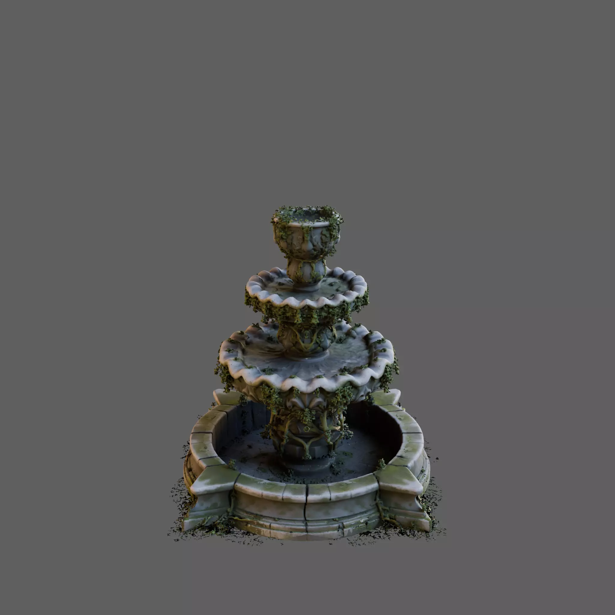 Weathered Tiered Stone Fountain 3D Model Overgrown 3D model