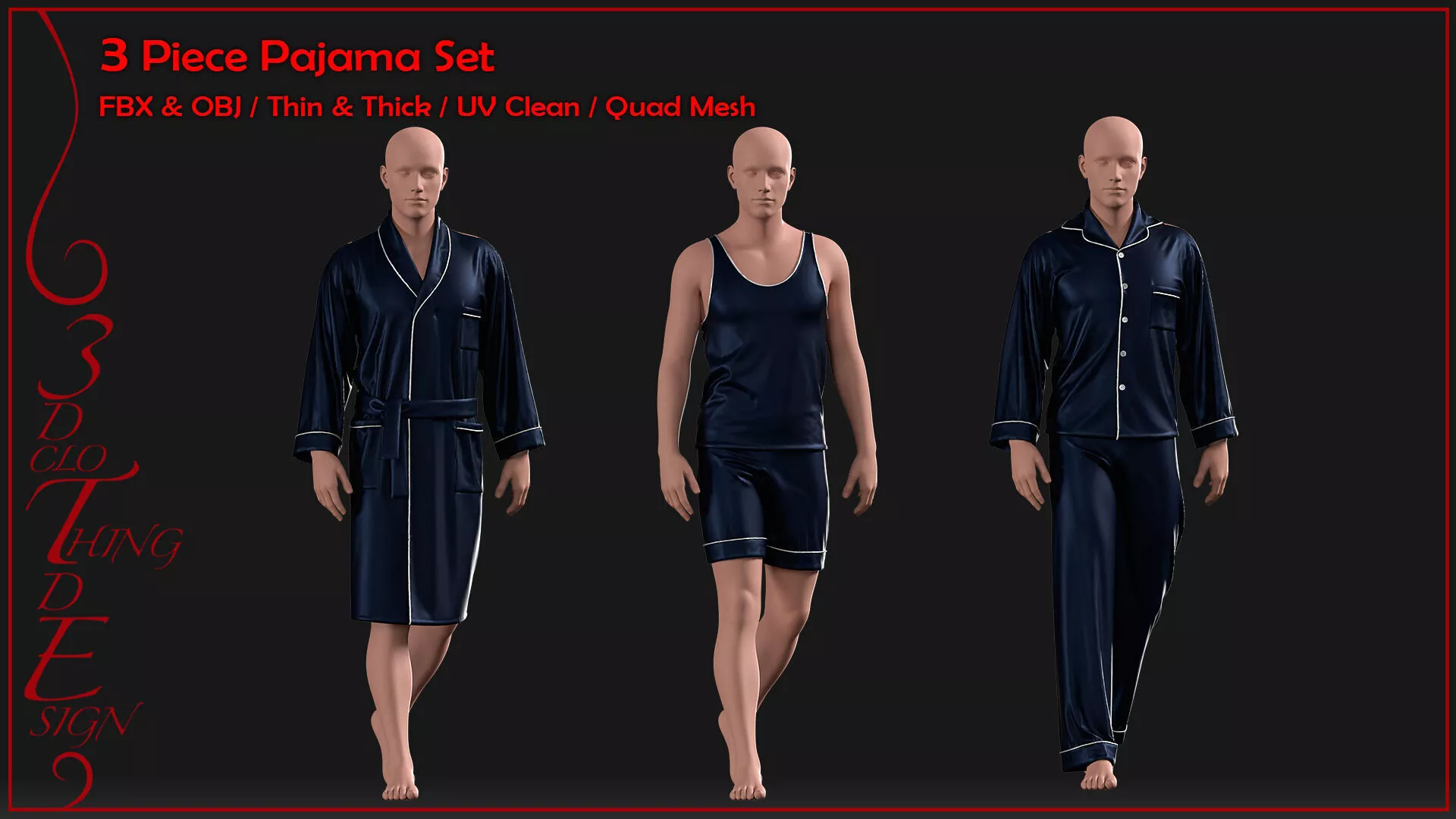 male 3 piece pajama set with texture and smart material 3D model