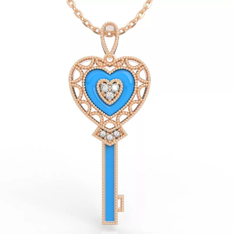 Victorian Filigree Heart Gemstone Key Pendant Necklace 3D print model
