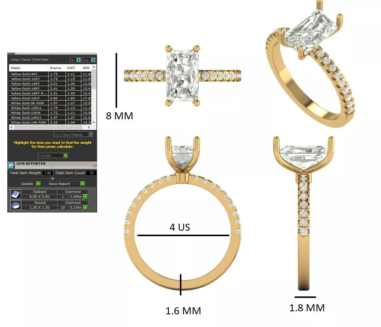 Radiant Cut Diamond Engagement Ring 3D print model
