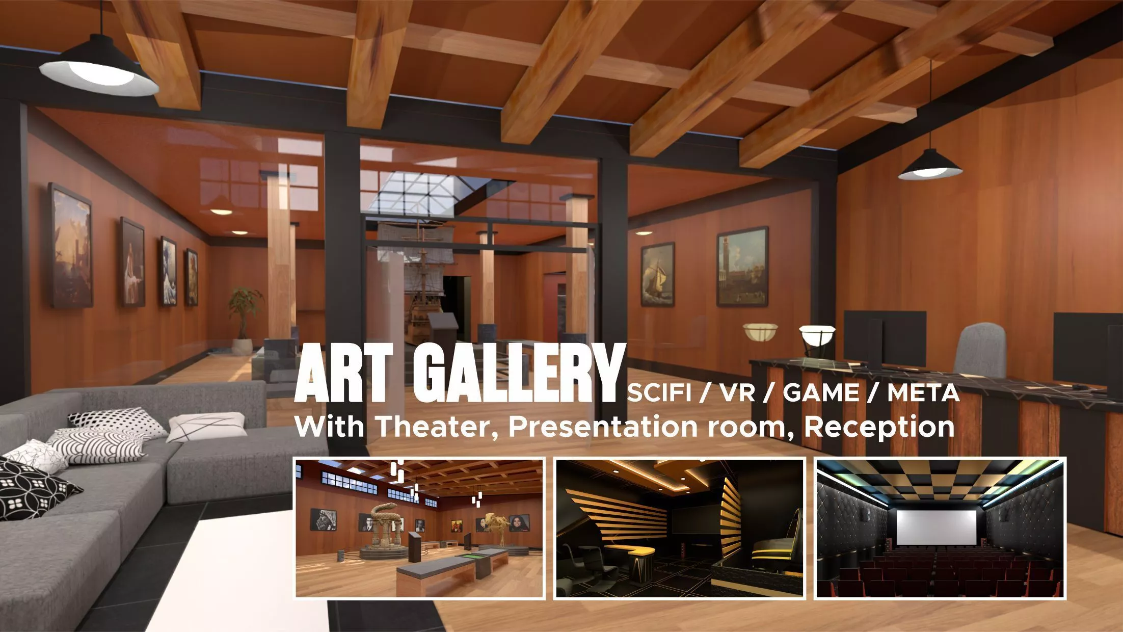 Art Gallery Interior with Theater and Reception - VR Game Low-poly 3D model