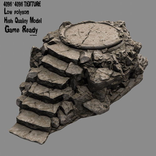 Temple stone staircase on rock Low-poly 3D model