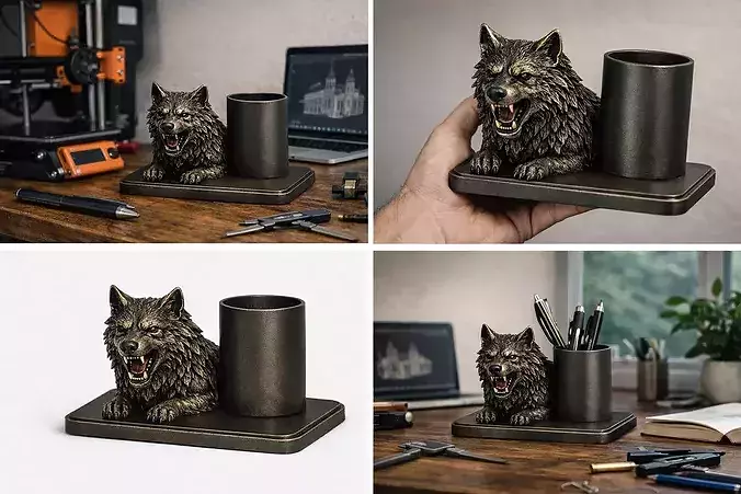 PBR Decorative Wolf Head Pen Holder