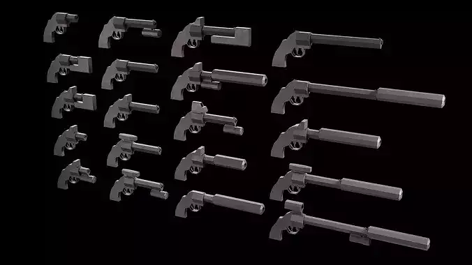 Stylized Low Poly Revolver -20 Variations Game Ready
