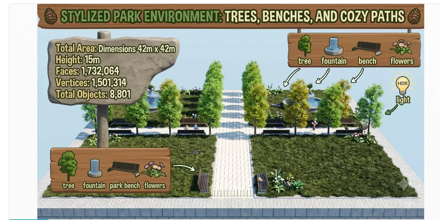 Stylized Park Environment Trees Benches and Cozy Paths 3D model