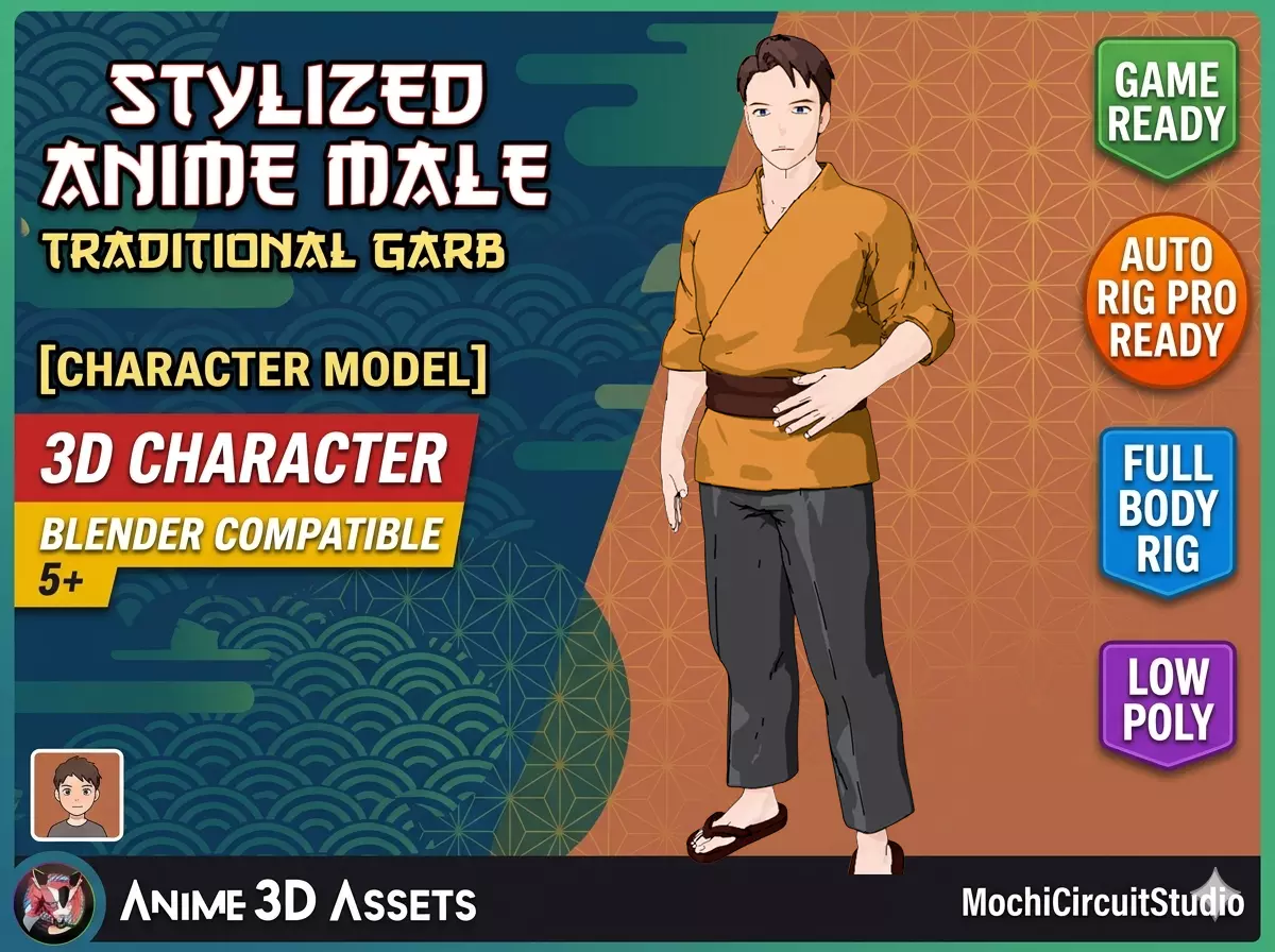 Stylized Anime Male Traditional Garb Game-Ready Rigged Low-poly 3D model