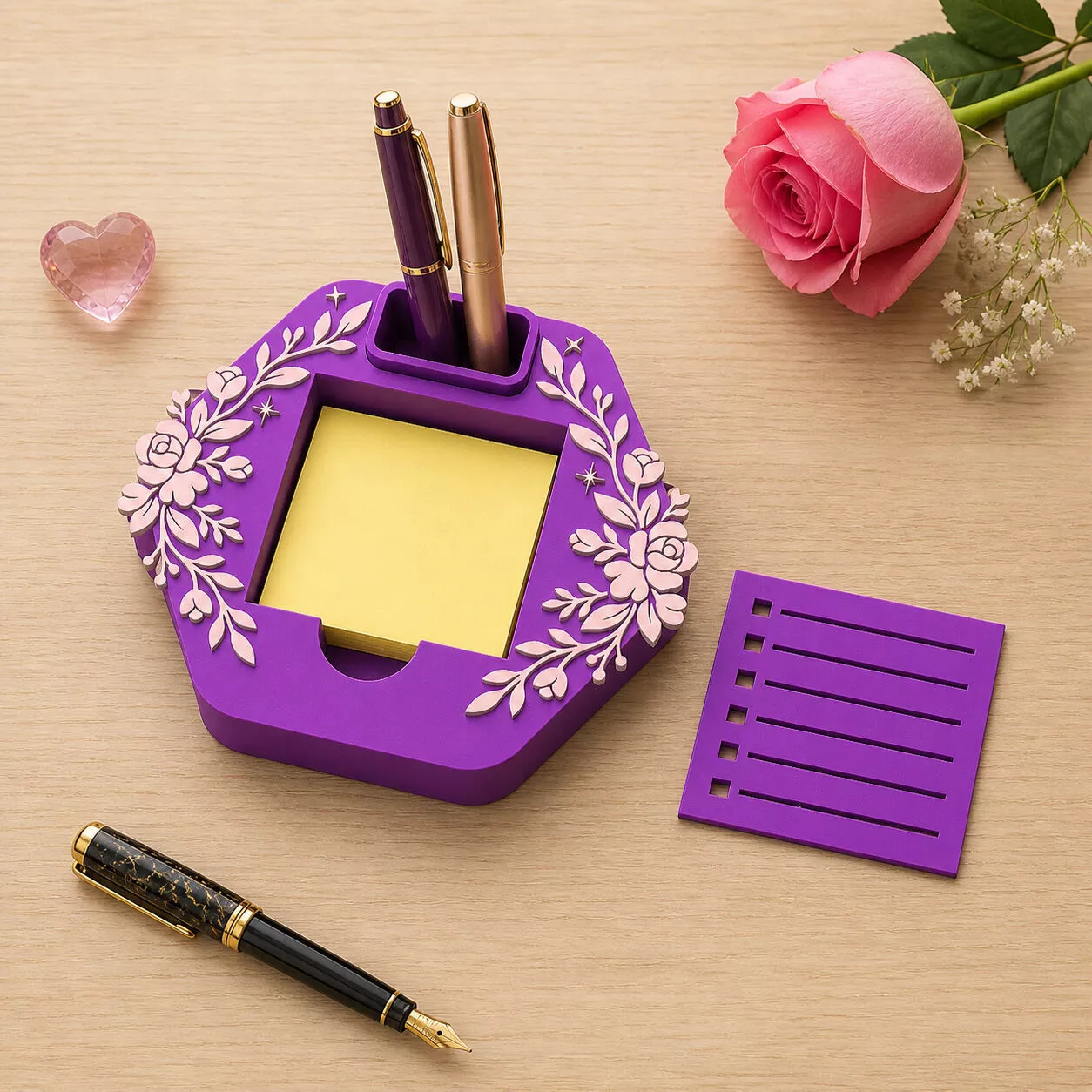 Floral Sticky Note Holder Pen Organizer 3D Print Office Decor 3D print model