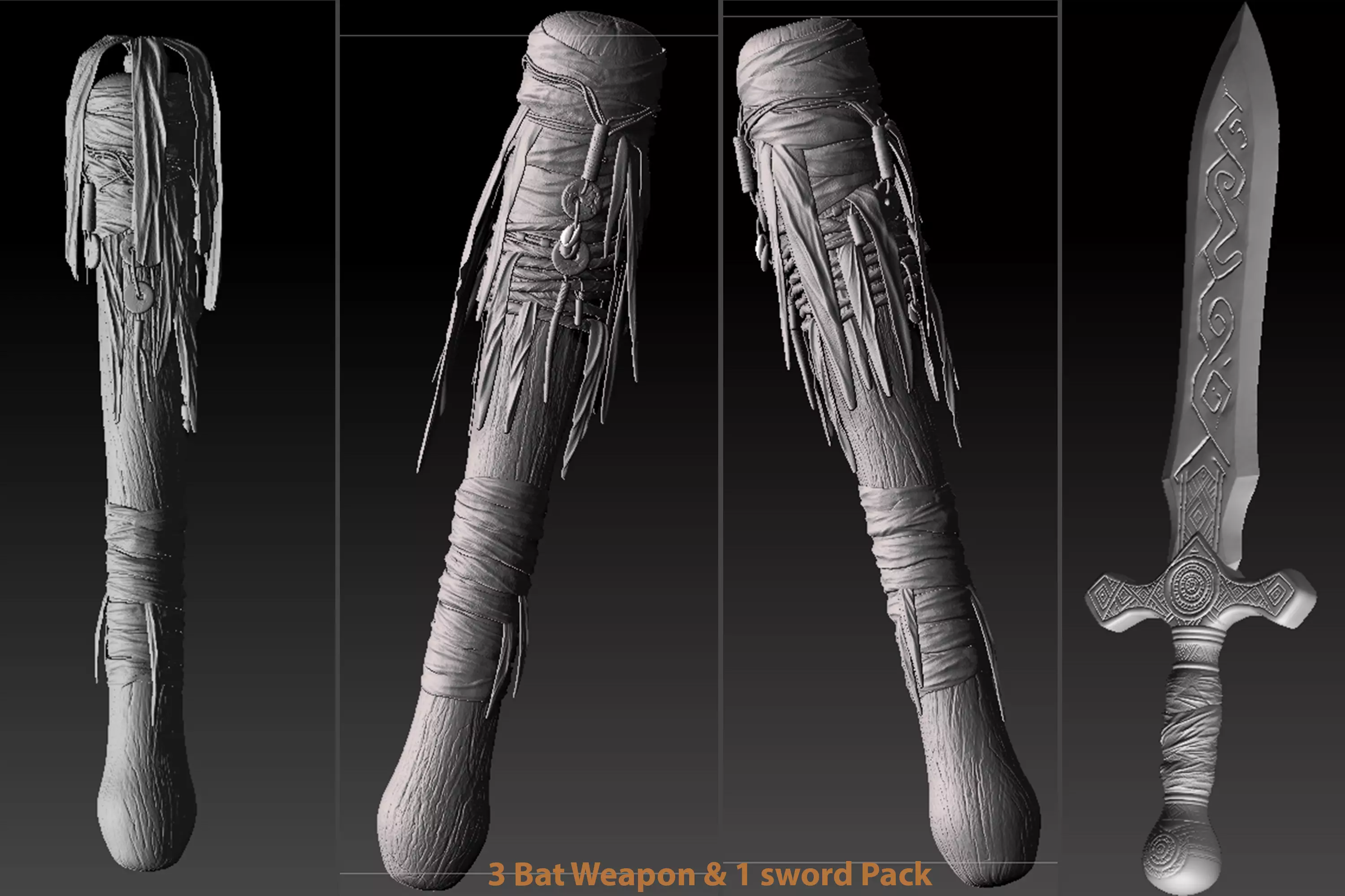 Weapon Sculpt Pack 3 Bat Collection and 1 Sword 3D print model