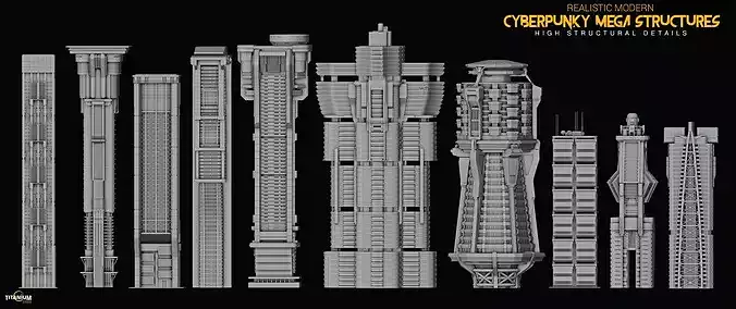 Dystopian Mega Structure Building Model Pack and 4K Textures Low-poly 3D model 7