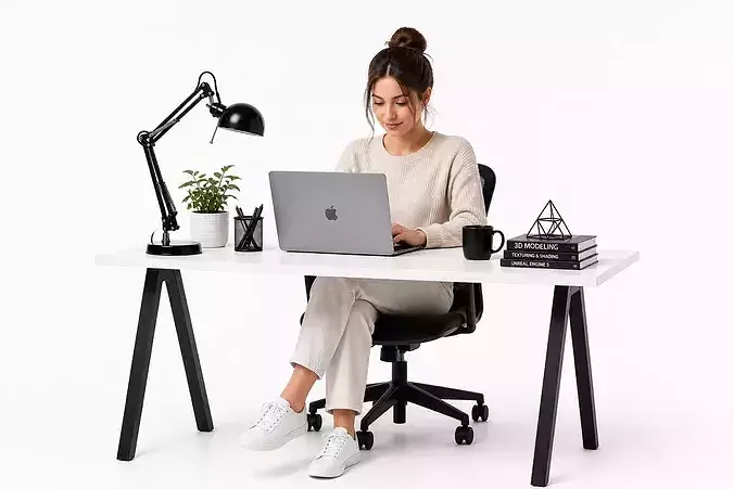 Woman Working On Laptop Office Workspace