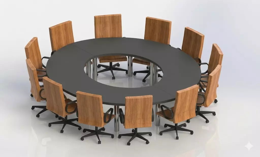 Modern Circular Conference Table with Wood-Finish Office Chairs 3D model