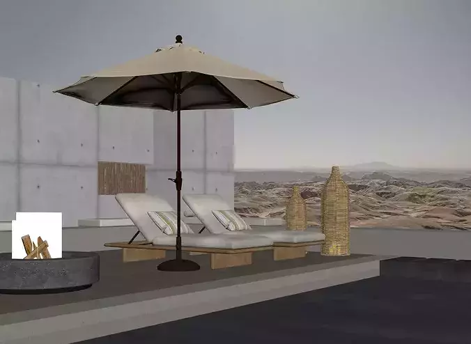 Minimalist desert concrete villa rooftop lounge 3D model 4