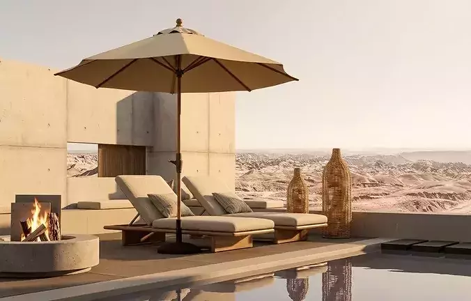 Minimalist desert concrete villa rooftop lounge 3D model 2