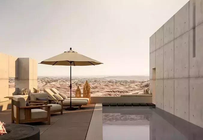 Minimalist desert concrete villa rooftop lounge 3D model
