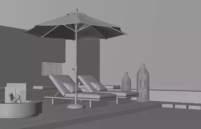 Minimalist desert concrete villa rooftop lounge 3D model 5