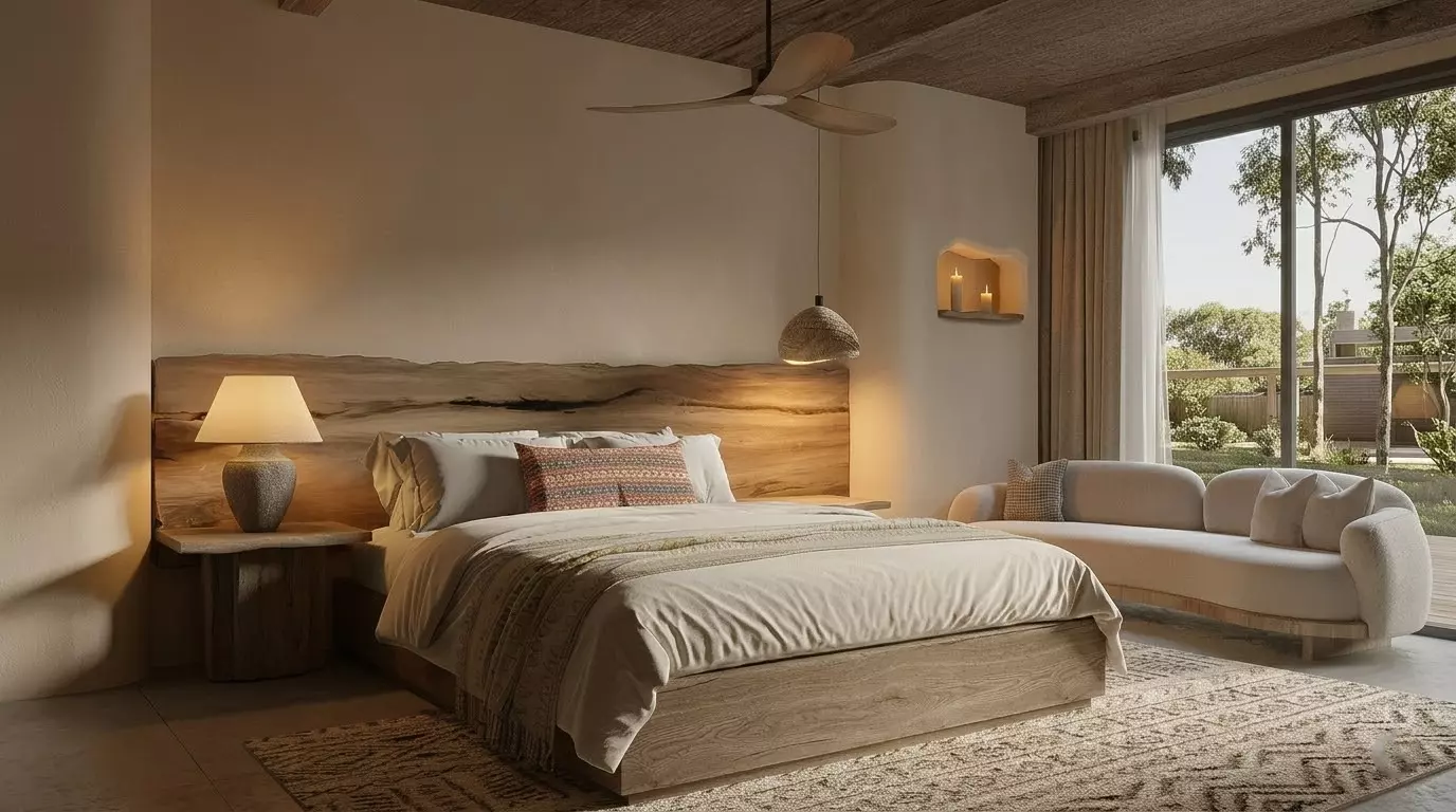 Warm wabi sabi natural wood master bedroom 3D model