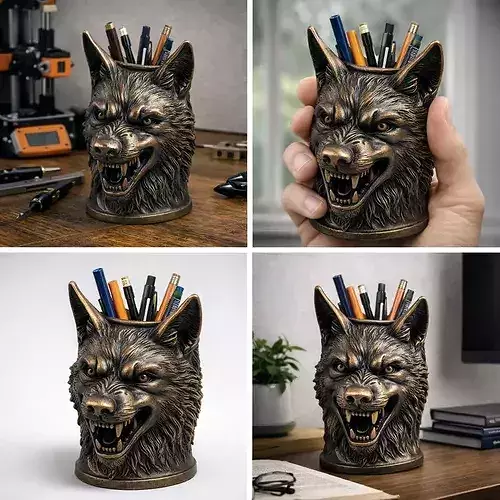 Desk Organizer Wolf Head Pen Holder