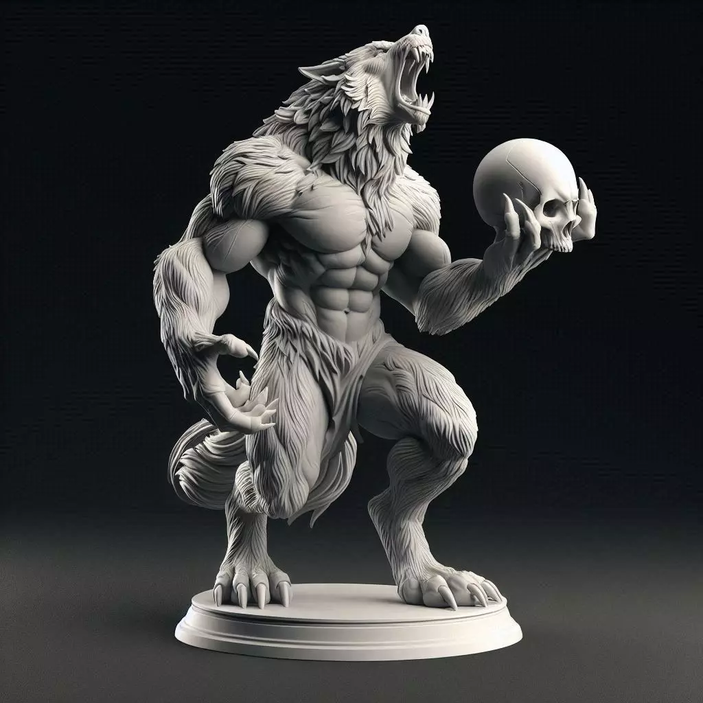4110 Werewolf Howling with Skull Minimalist Statue STL 3D print model