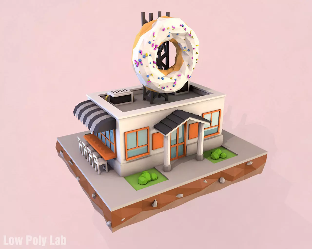 Cartoon Donut City Cafe Low-poly 3D model_0