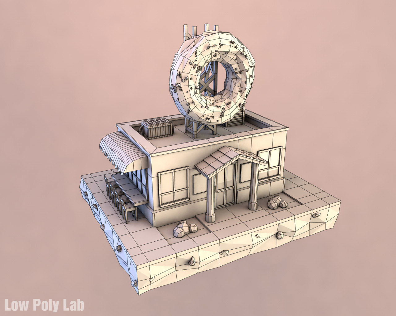Cartoon Donut City Cafe Low-poly 3D model_1
