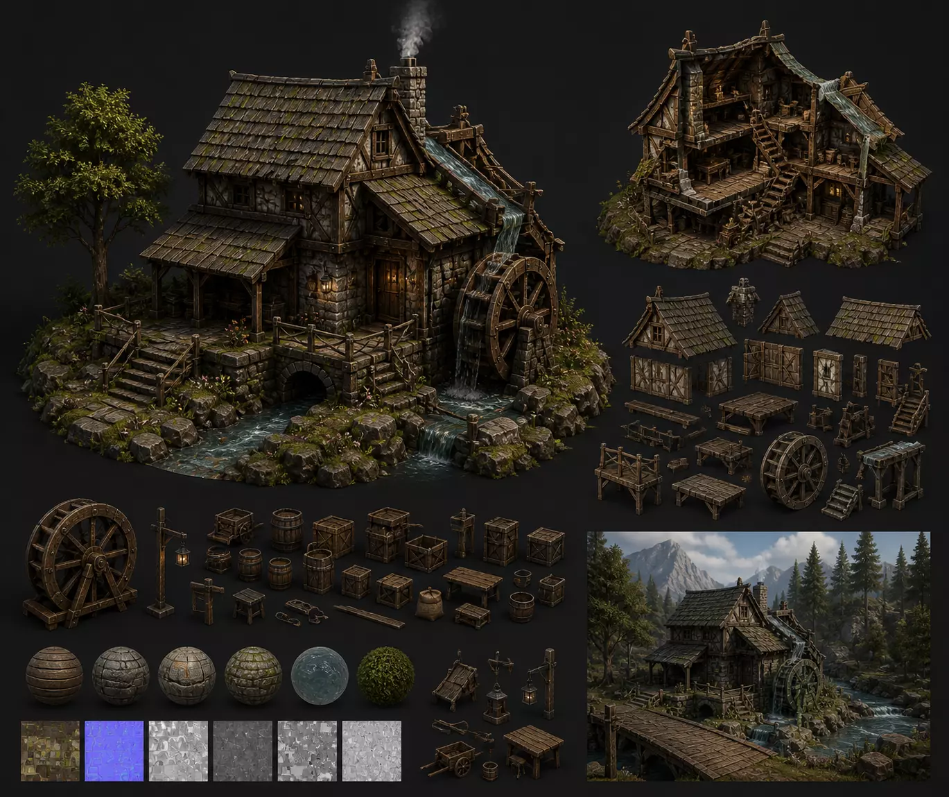 Medieval Watermill Modular Fantasy Environment 3D print model