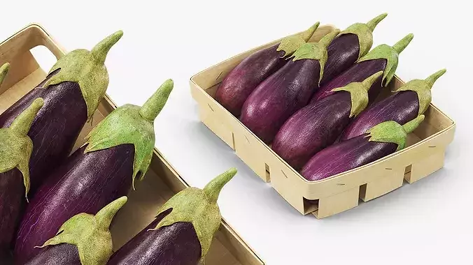 Whole Eggplants with Wooden Crate Purple 3D model 3