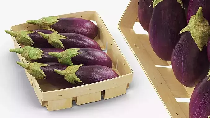 Whole Eggplants with Wooden Crate Purple 3D model 4