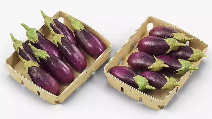 Whole Eggplants with Wooden Crate Purple 3D model 2