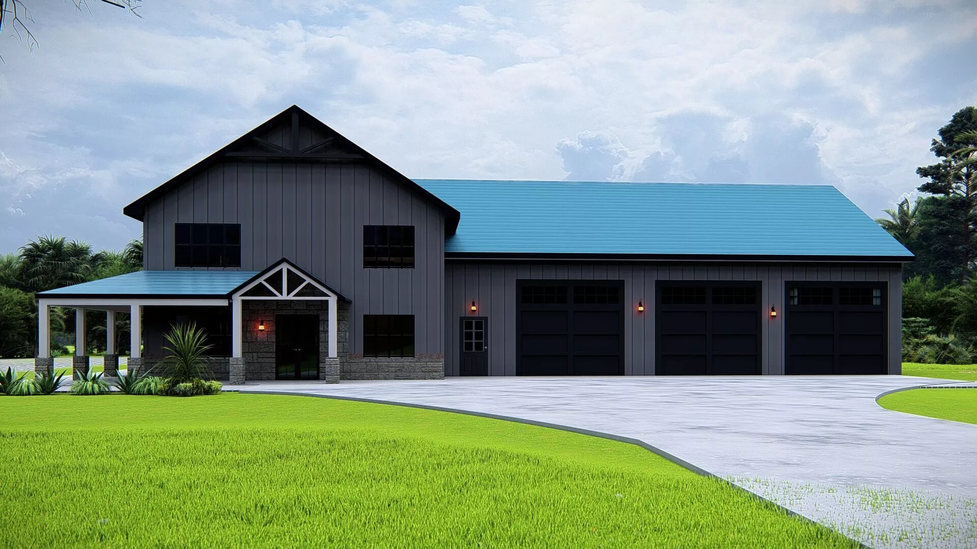 Modern Barn House with Four-Car Garage 3D Exterior Model 3D model