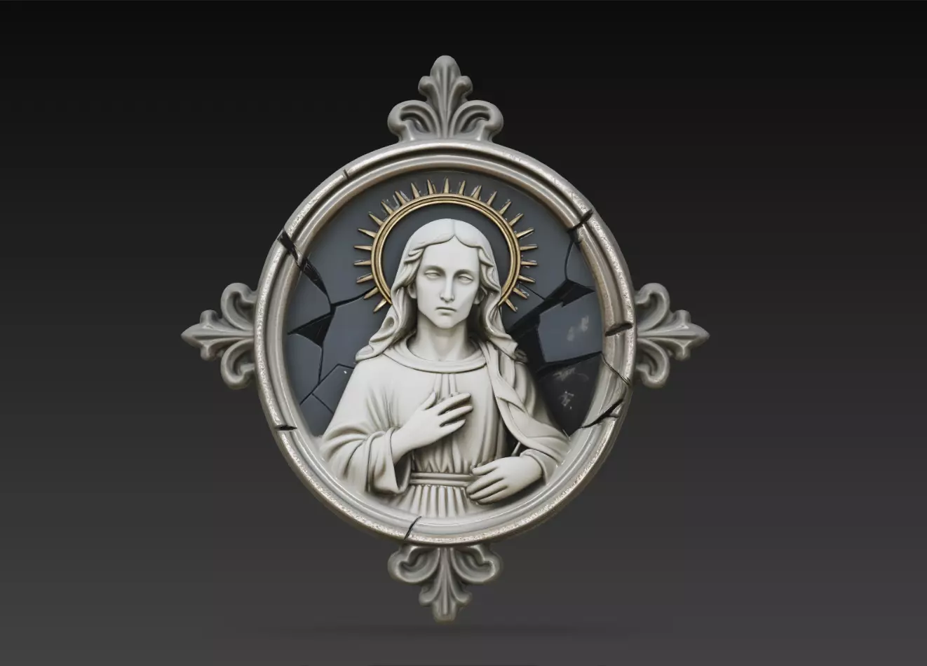 Sunburst Madonna Cracked Round Shrine Relief STL Print Model 3D print model