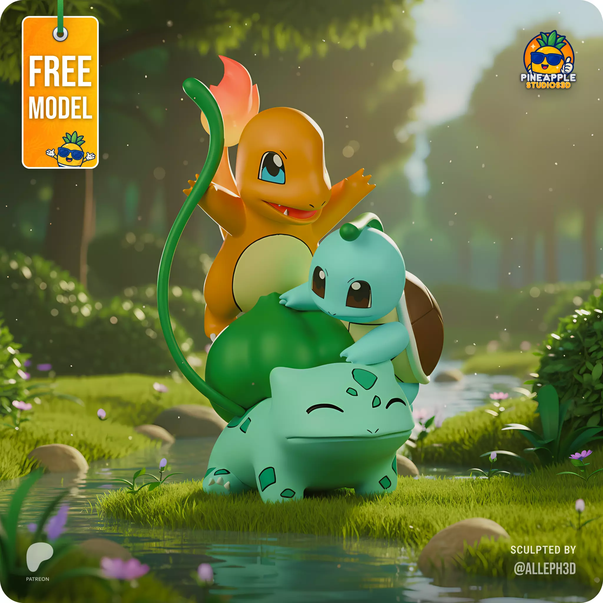 FREE charmander bulbasaur and squirtle cute diorama Free 3D print model