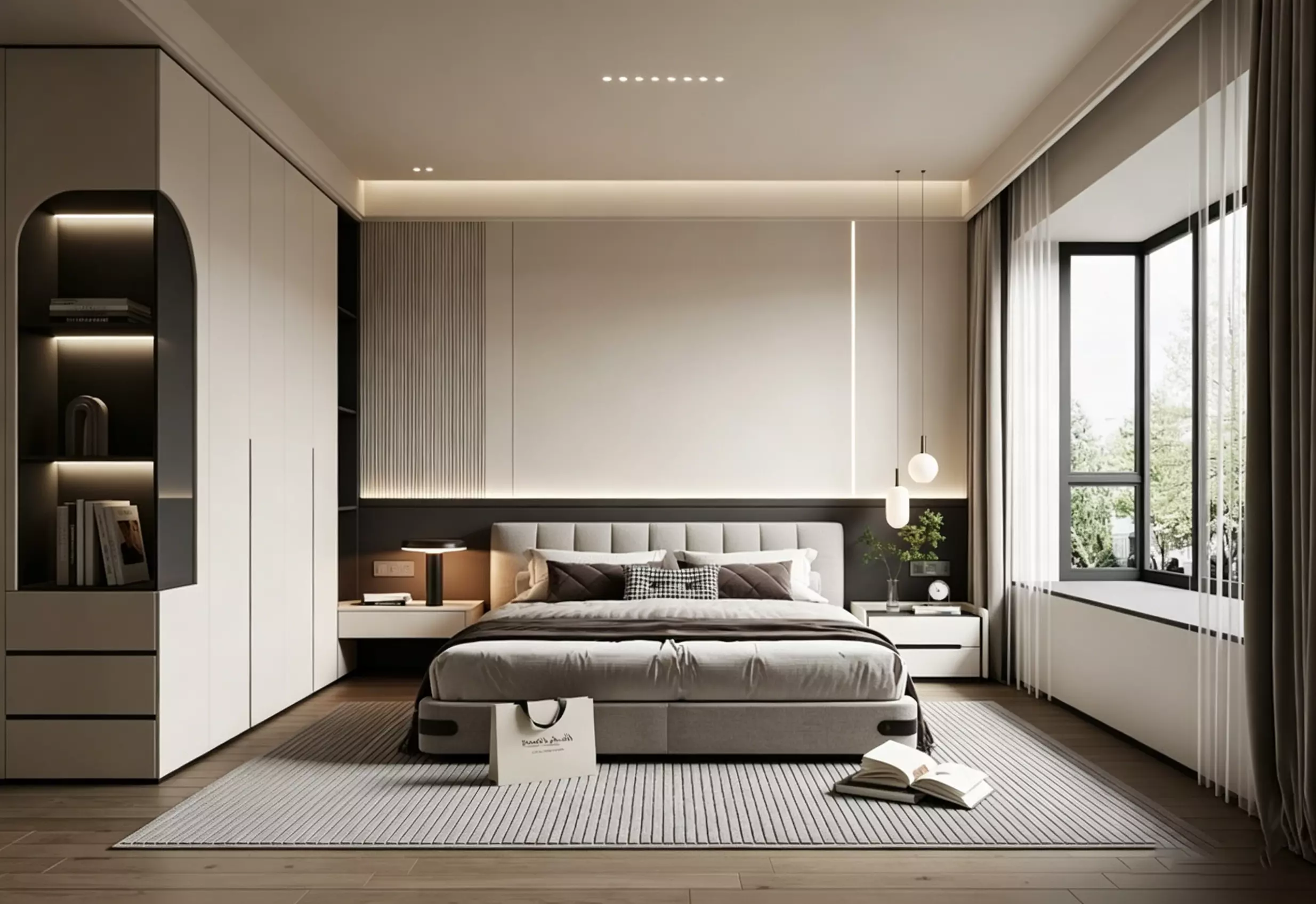 Modern Neutral Tone Bedroom with Arched Wardrobe 3D Model 3D model
