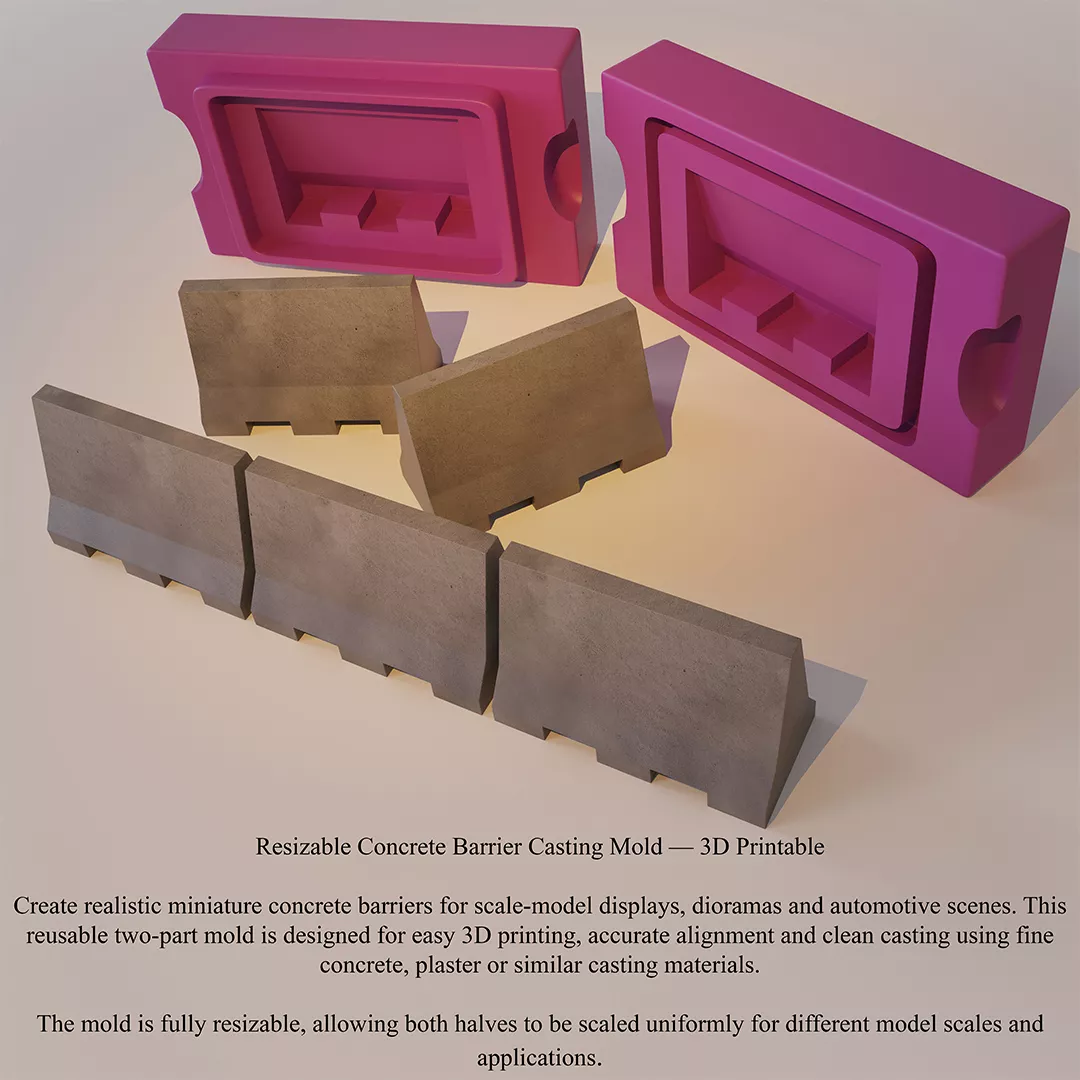 Two-Part Concrete Barrier Casting Mold for Scale Models Free 3D print model